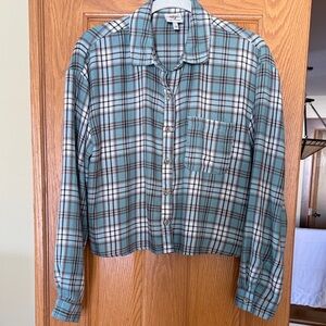 Self Esteem Los Feliz Crop Flannel Teal and Brown Plaid Button-Down